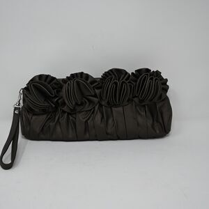 Candice Los Angeles Black Ruched Rosette Evening Clutch Bag Wristlet 12x5.5 LN